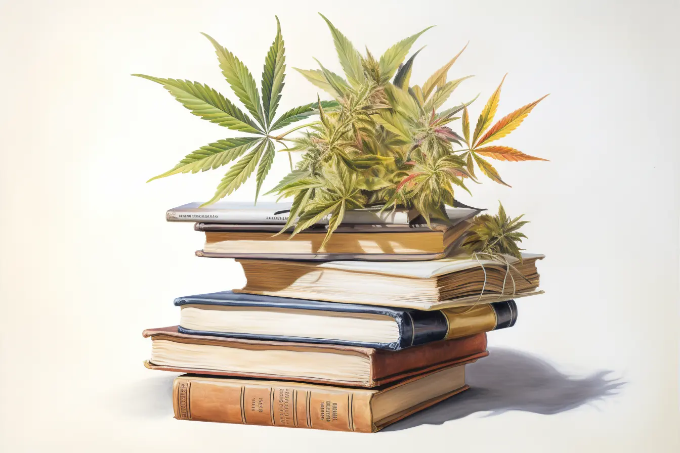 Bücher und Cannabisblätter in hellen Farben aufeinander arrangiert Stapel von Büchern und mehrere Cannabisblätter verstreut