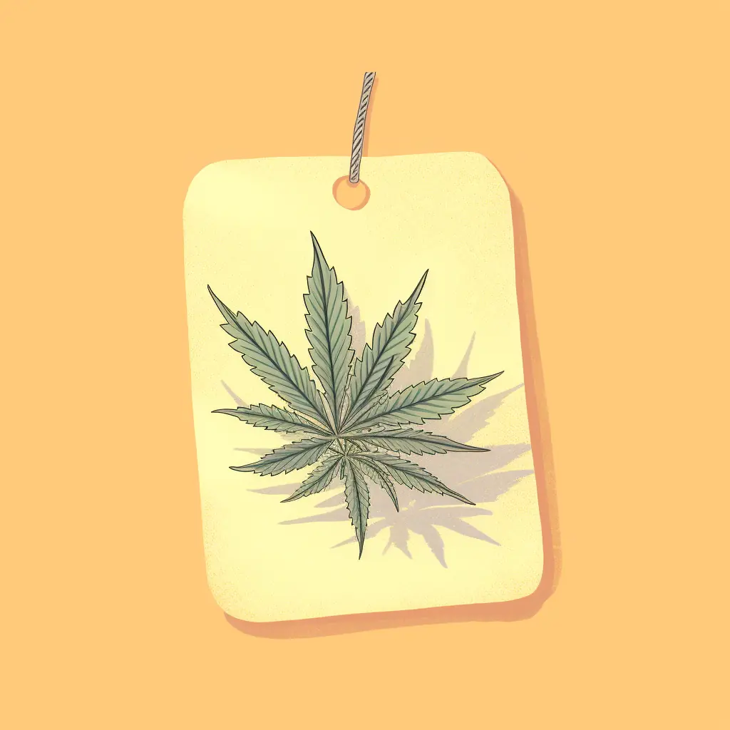 Ein Schild, das ein zartes Cannabisblatt zeigt und Informationen enthält. Ein Preisetikett mit einem angehängten Hanfblatt, das für den Cannabis Social Club in Regensburg wirbt.